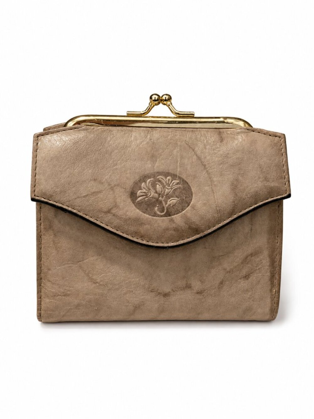 Vintage Buxton French Purse Wallet Taupe Leather Kisslock Coin Trifold